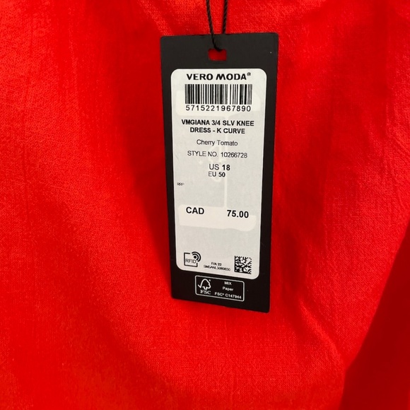 NWT VERO MODA 100% Cotton Red Off Shoulder Women's Dress Size US 18=XL-XXL - Picture 3 of 8